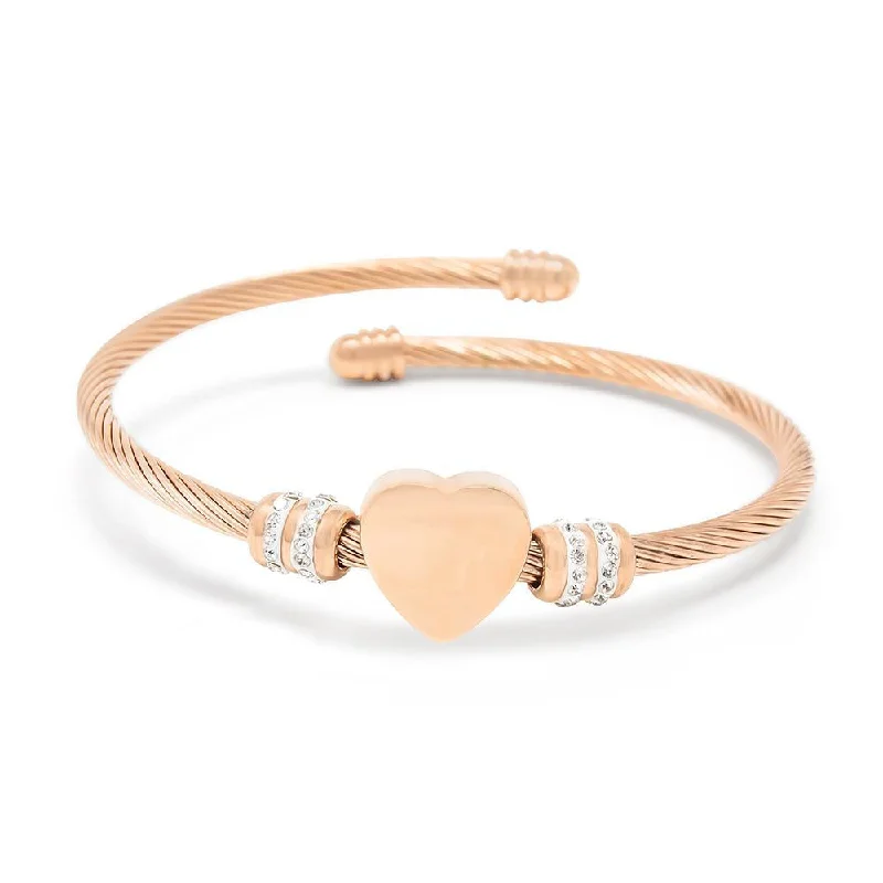 Women’s romantic bracelet-Stainless Steel Heart with Pave Station Cable Bangle Rose Gold Plated