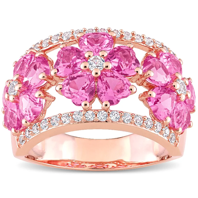 Women’s floral ring-Miadora Heart Created Pink & White Sapphire Floral Cocktail Ring in Rose Plated Sterling Silver