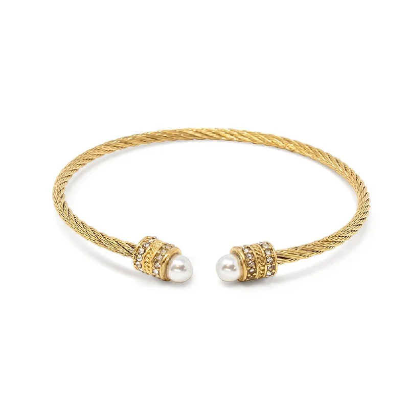 Women’s elegant bangle-Stainless Steel Cable Bangle Pearl and Crystal Pave Ends Gold Plated