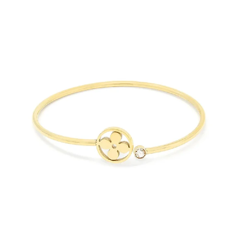 Women’s trendy charm bracelet-Stainless Steel Flower and Crystal Bangle Gold Plated