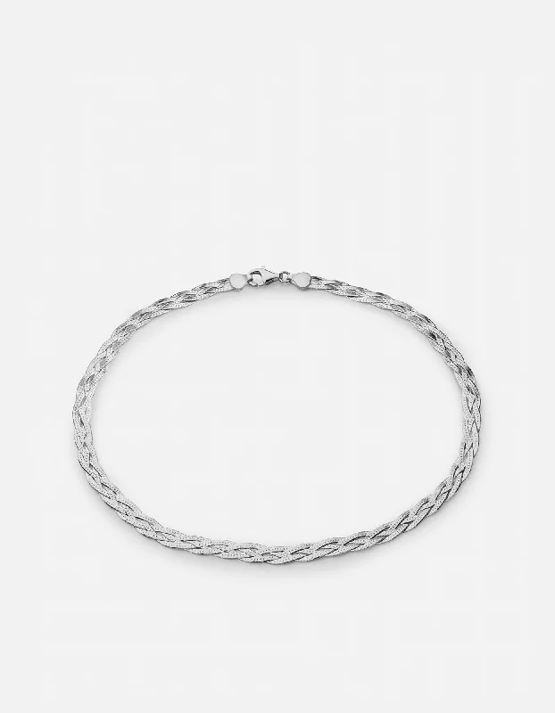 Women’s choker necklace-Slim Braided Herringbone Choker, Sterling Silver