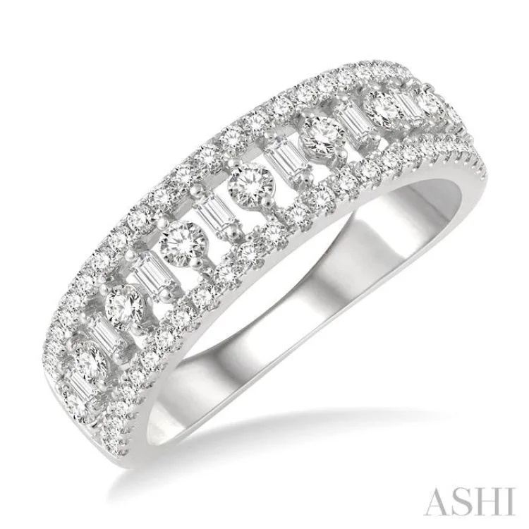 Women’s custom engagement rings-3/4 ctw Fusion Baguette and Round Cut Diamond Fashion Band in 14K White Gold