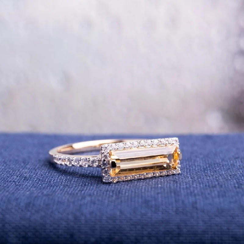 Women’s vintage gold ring-Miadora Yellow Gold Plated Sterling Silver Baguette Citrine and White Sapphire Halo Bar Ring