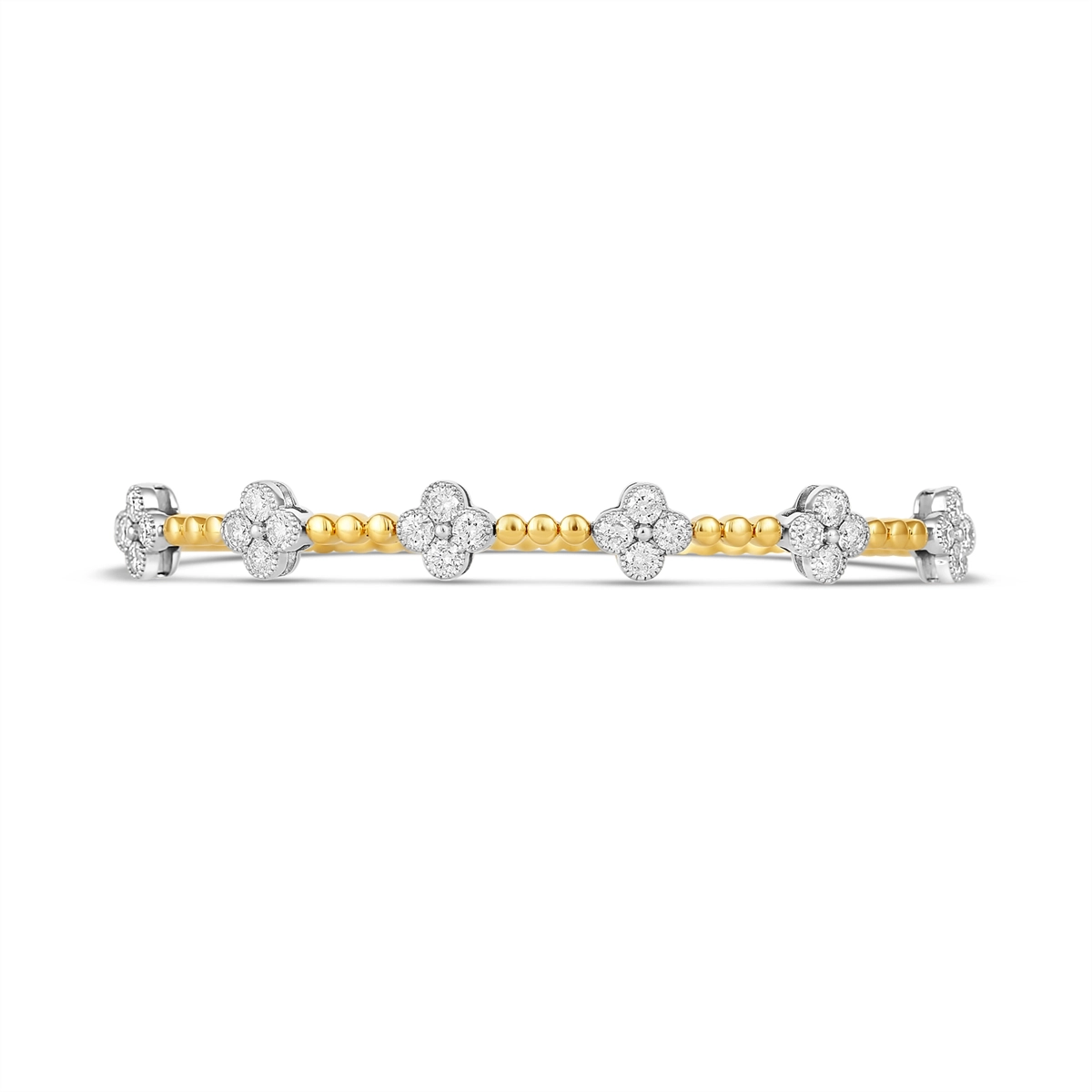 Women’s stackable bangles-14K Yellow Gold Clasped Bangle with White Gold Quad Diamond Sections