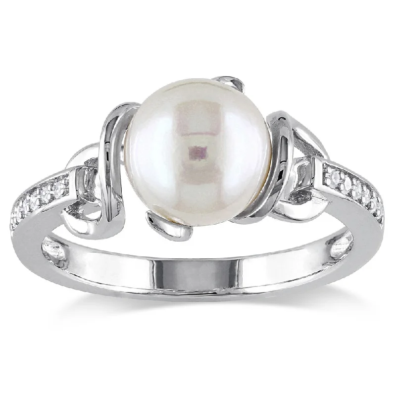 Women’s halo diamond ring-Miadora Sterling Silver Freshwater White Pearl and Diamond Accent Ring (8-8.5 mm)