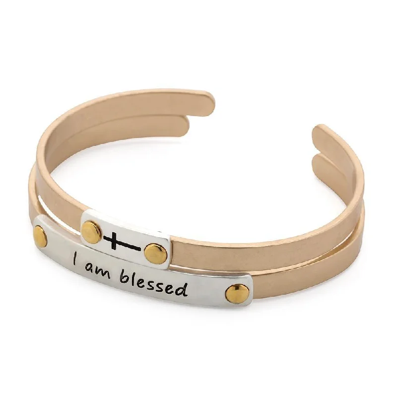 Women’s luxury charm bracelet-I Am Blessed Double Bangle Gold and Silver Tone