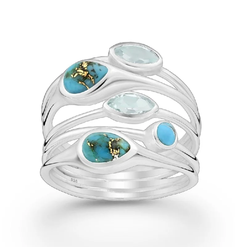 Women’s stackable rings-Sterling Silver Multi Band Turquoise and Sky Blue Topaz Teardrops Ring