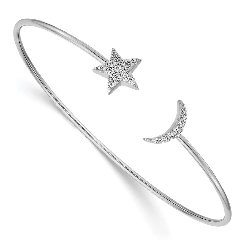 Women’s elegant bracelet-14k White Gold Diamond Moon and Star Flexible Cuff Bangle-WBC-BM3713-025-WA