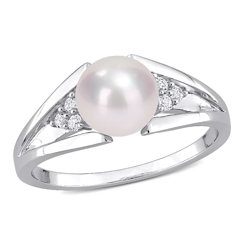 Women’s matching ring-Miadora Sterling Silver Cultured Freshwater Pearl & Diamond Accent Split Shank Ring (7-7.5mm)