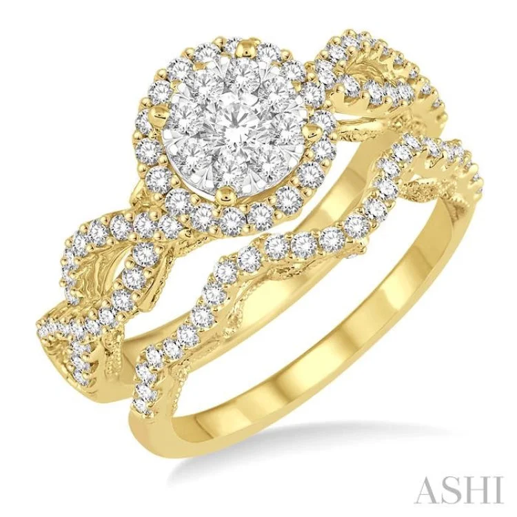 Women’s one-of-a-kind engagement rings-1 Ctw Round Cut Diamond Lovebright Bridal Set with 3/4 Ctw Engagement Ring and 1/5 Ctw Wedding Band in 14K Yellow and White Gold