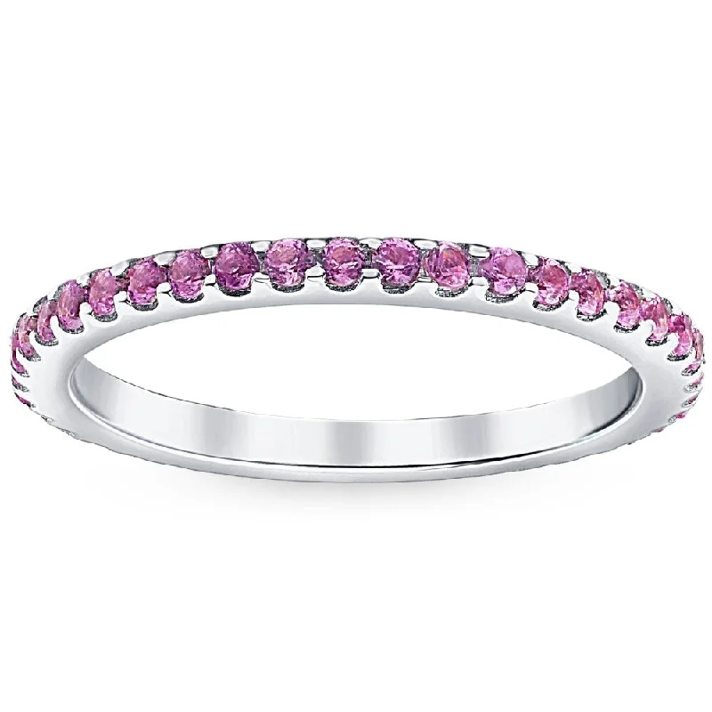 Women’s turquoise gemstone ring-3/4Ct Genuine Pink Sapphire Eternity Ring Stackable Band 10k White Gold