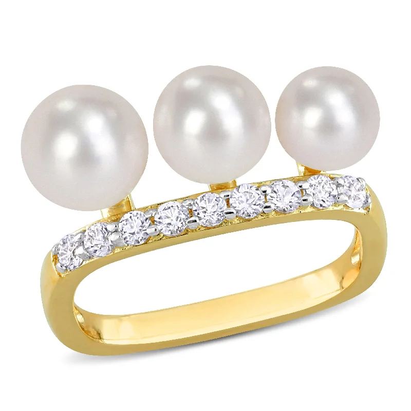 Women’s simple diamond ring-Miadora Cultured Freshwater Pearl & 3/8ct TGW White Topaz Ring Yellow Silver