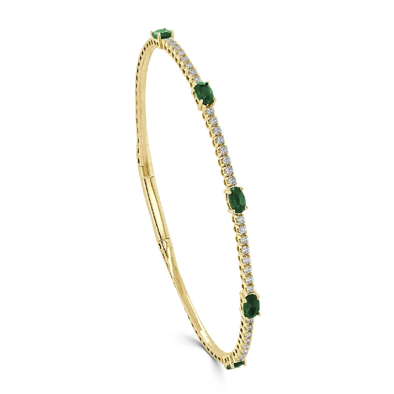 Women’s fashion bracelet-Oval Emerald & Diamond Flexible Bangle in 14KYellow Gold