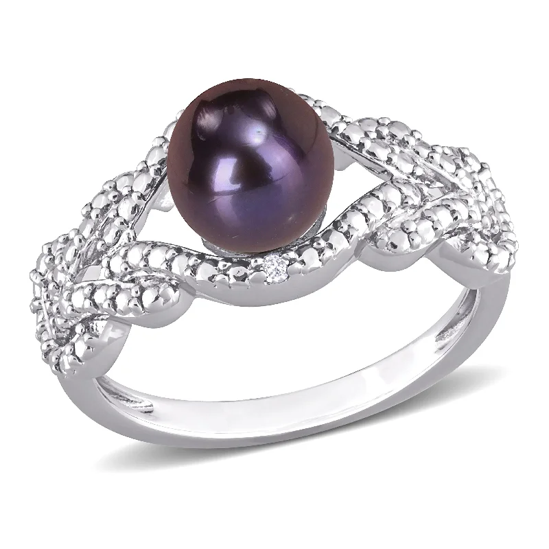 Women’s radiant cut diamond ring-Miadora 7-7.5mm Black Cultured Freshwater Pearl and Diamond Accent Criss-Cross Ring in Sterling Silver