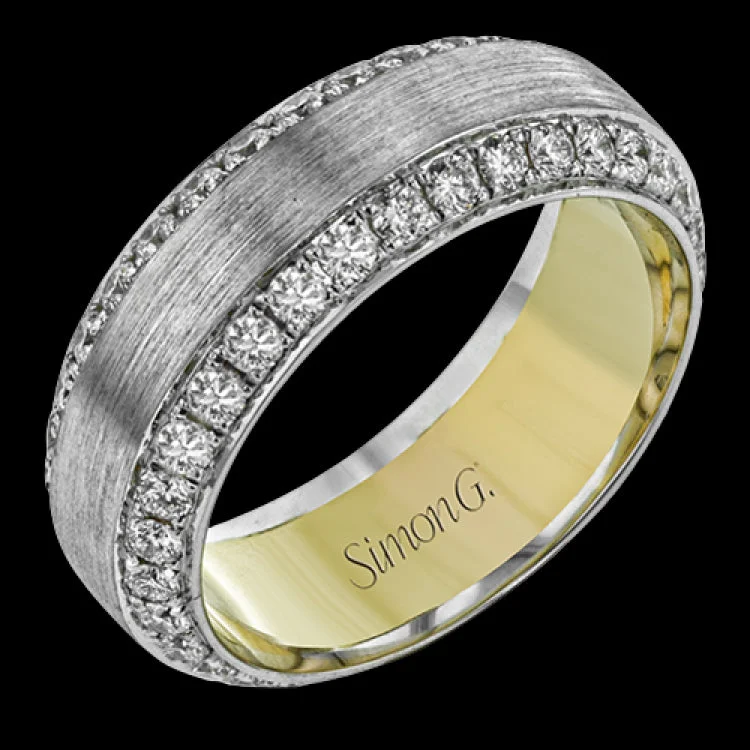 Women’s eternity band engagement rings-This sublimely beautiful wedding band in two-tone gold features a brushed white gold exterior and 1.87 ctw of round white diamonds along with a yellow gold interior accent.