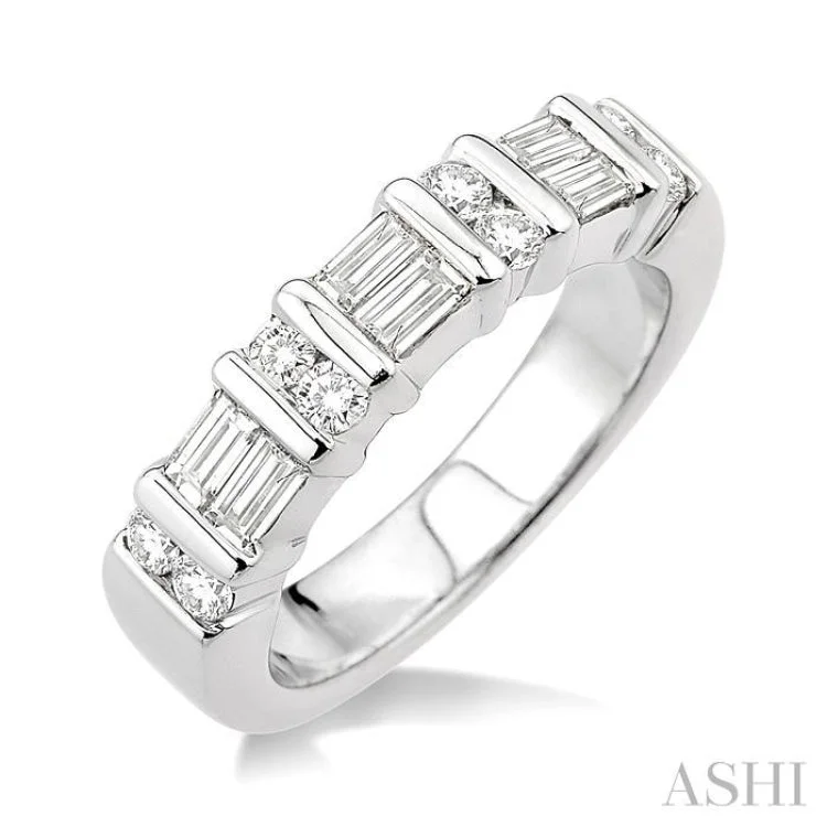 Women’s statement engagement rings-1 ctw Baguette and Round Cut Diamond Fashion Band in 14K White Gold