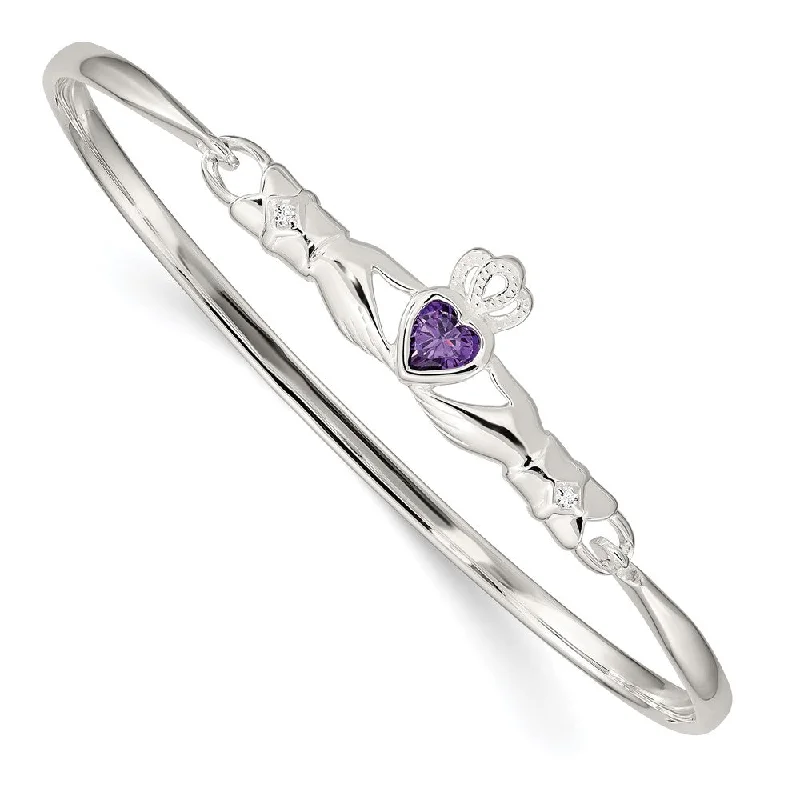 Women’s luxury charm bracelet-Sterling Silver Purple CZ Claddagh Bangle-WBC-QB754