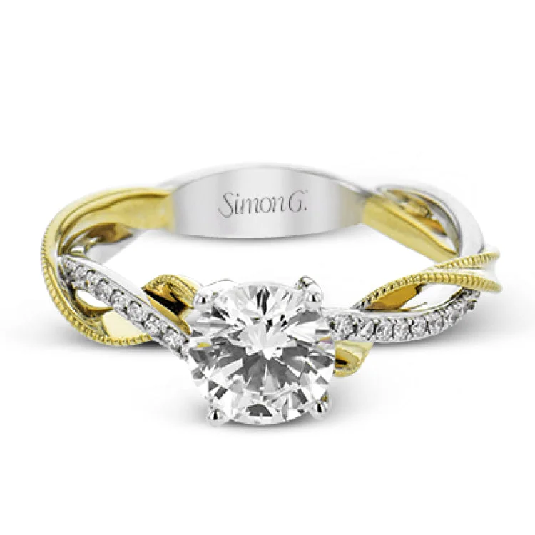 Women’s unique engagement rings-18K two-tone engagement ring has a delicate twist design with a polished yellow gold side trimmed with milgrain beading, and a diamond side 1/10 ctw. set in white gold