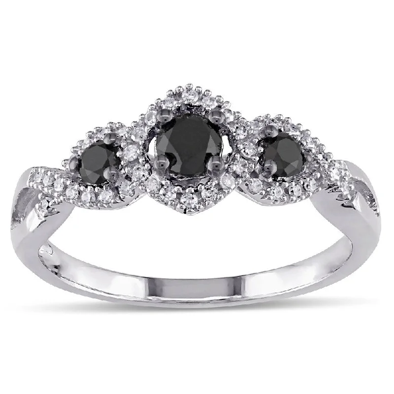 Women’s turquoise ring-Miadora 1/2 CT Black and White Diamond 3 Stone Ring with 10k White Gold Band