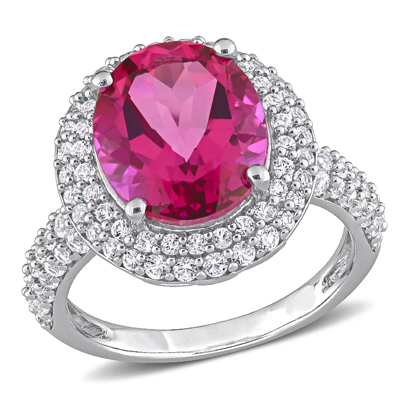 Women’s radiant cut diamond ring-Miadora Oval-cut Pink Topaz and Created White Sapphire Double Halo Cocktail Ring in Sterling Silver