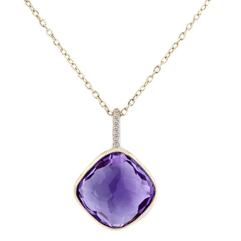 Women’s long pendant necklace-Como Collection 12mm Cushion Amethyst with Diamond Pendant