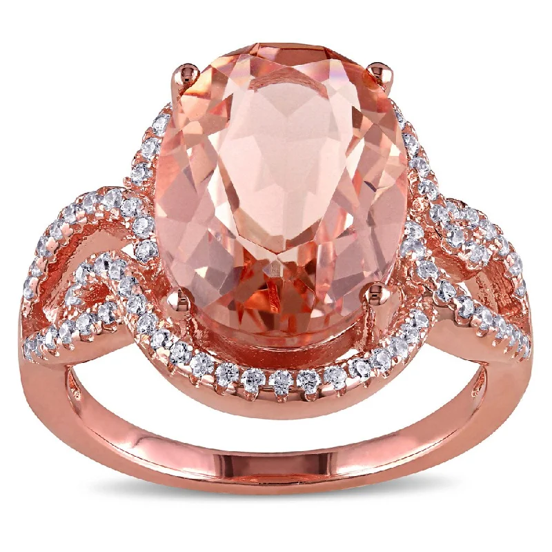 Women’s custom ring-Miadora Rose-plated Sterling Silver Rose Glass and Cubic Zirconia Halo Split Shank Ring - Pink