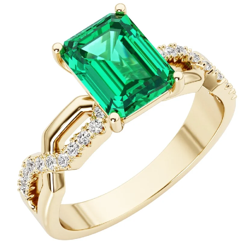 Women’s gold wedding ring-14k Yellow Gold 1.5 ct Emerald Cut Colombian Emerald and Diamond Ring