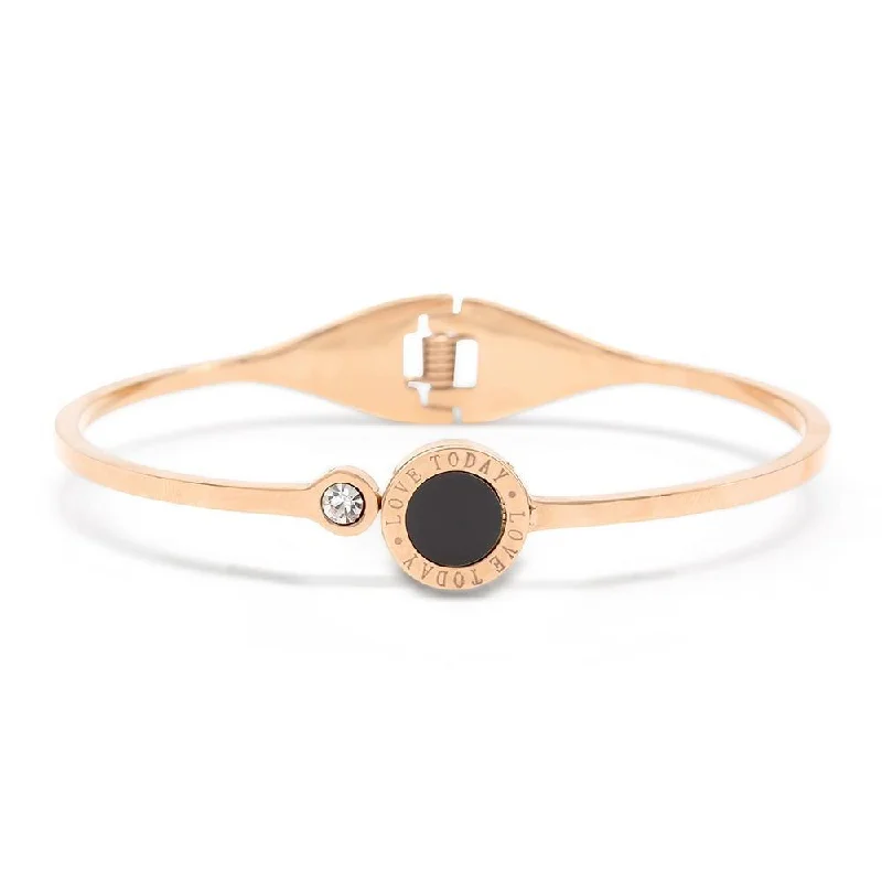 Women’s gold tennis bracelet-Stainless Steel Bangle Round Onyx Crystal Rose Gold Plated