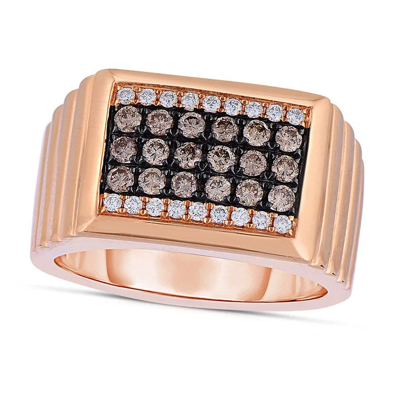 Women’s engagement rings with side stones-Men's 0.75 CT. T.W. Champagne and White Natural Diamond Multi Row Ring in Solid 14K Rose Gold