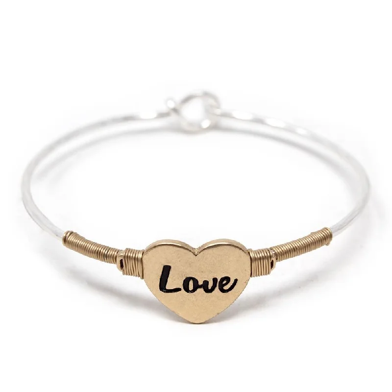 Women’s adjustable charm bracelet-Two Tone Love Heart Hook Bangle Gold T