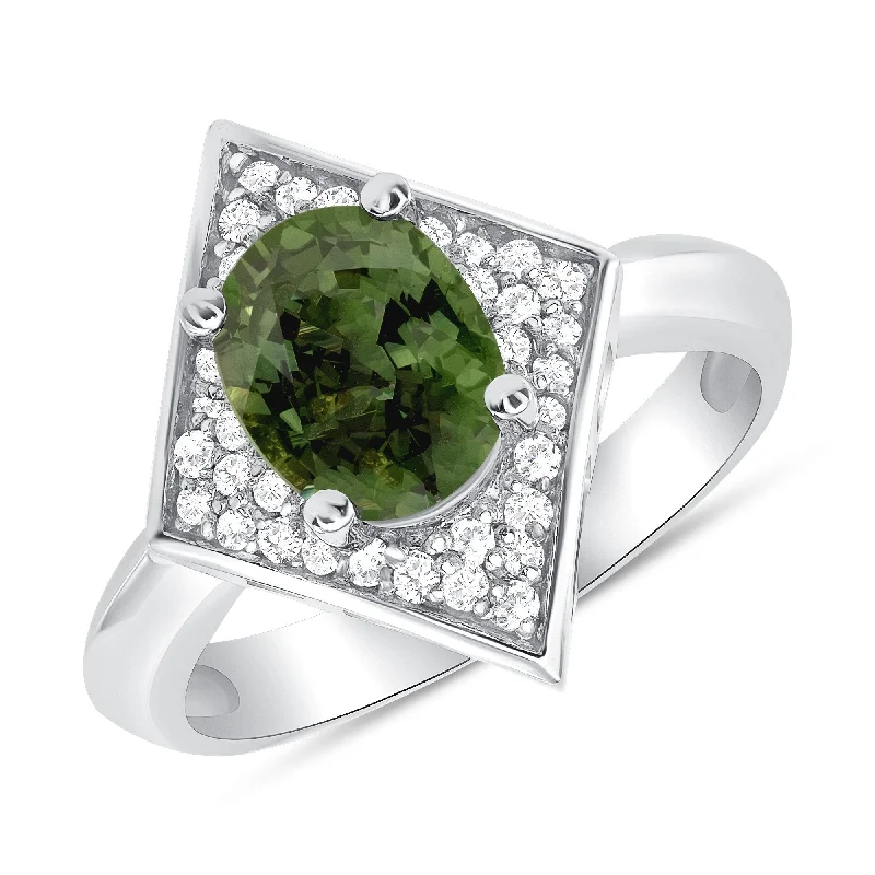 Women’s heart diamond ring-1.85 ct Green Sapphire and Diamond Ring in 14k White Gold