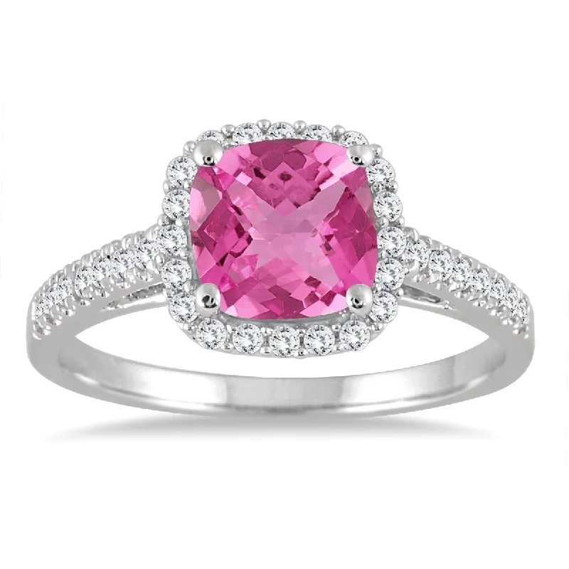 Women’s chunky ring-5MM Cushion Cut Pink Topaz and Diamond Halo Ring in 10K White Gold