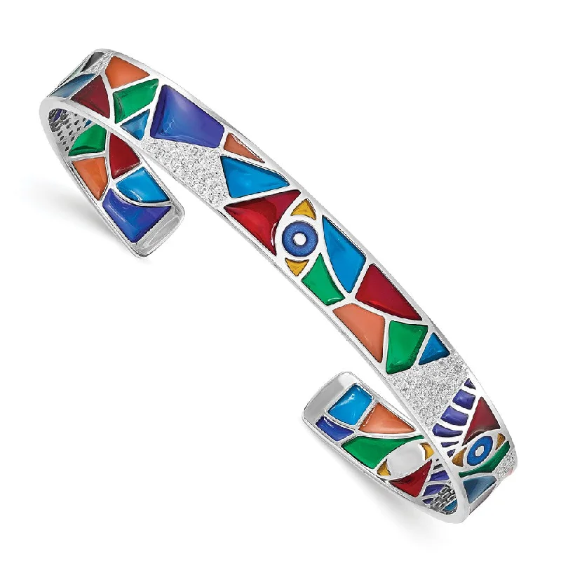 Women’s designer bracelet-Sterling Silver Rhod-plated Abstract Multicolor Enamel CZ Cuff Bangle-WBC-QB1319