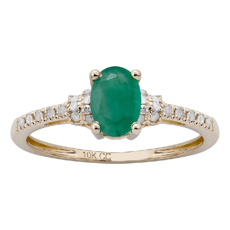 Women’s fashion ring-Viducci 10k Yellow Gold Oval Emerald and 1/8ct Diamond Ring (G-H, I1-I2)