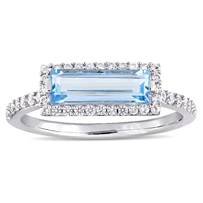 Women’s modern ring-Miadora Sterling Silver Sky-Blue Topaz and White Sapphire Rectangular Halo Ring