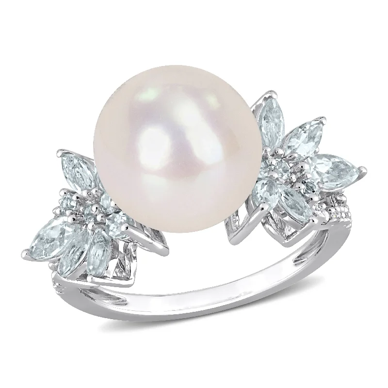 Women’s vintage ring-Miadora 11-12mm Cultured Freshwater Pearl and 1 1/5ct TGW Aquamarine and 1/10ct TDW Diamond Flower Ring in Sterling Silver