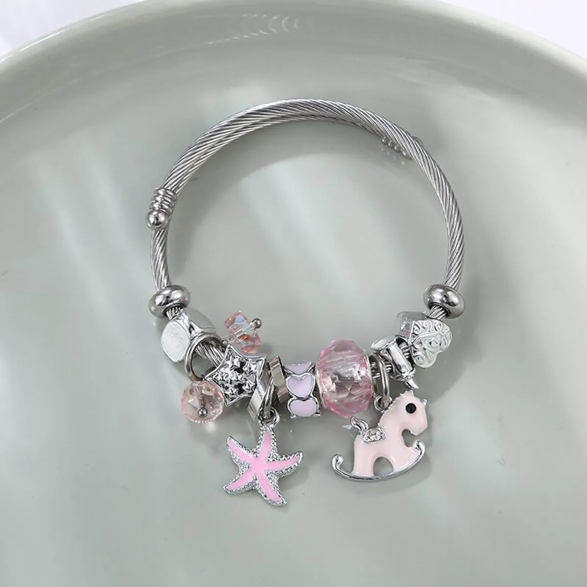 Women’s vintage bangle-Sweet Starfish Heart Shape Stainless Steel Inlay Artificial Gemstones Bangle