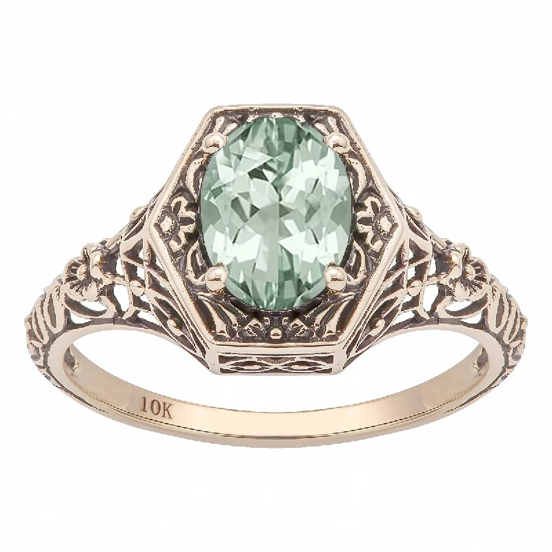 Women’s diamond ring-Viducci 10k Yellow Gold Vintage Style Genuine Oval Green Amethyst Ring