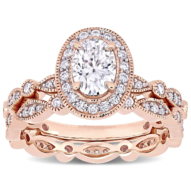 Women’s pearl-studded ring-Miadora 1 1/2ct DEW Oval-cut Moissanite Halo Vintage Bridal Ring Set in 10k Rose Gold