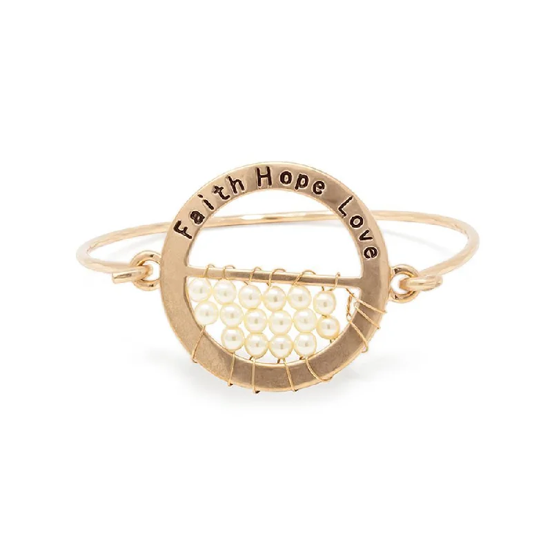 Women’s gemstone bangle-Faith Hope Love Hook Bangle with Pearl Gold Tone