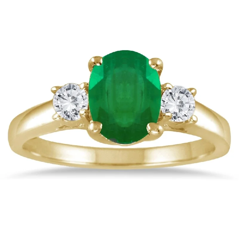 Women’s cocktail ring-1.35 Carat Emerald and Diamond Three Stone Ring in 14K Yellow Gold