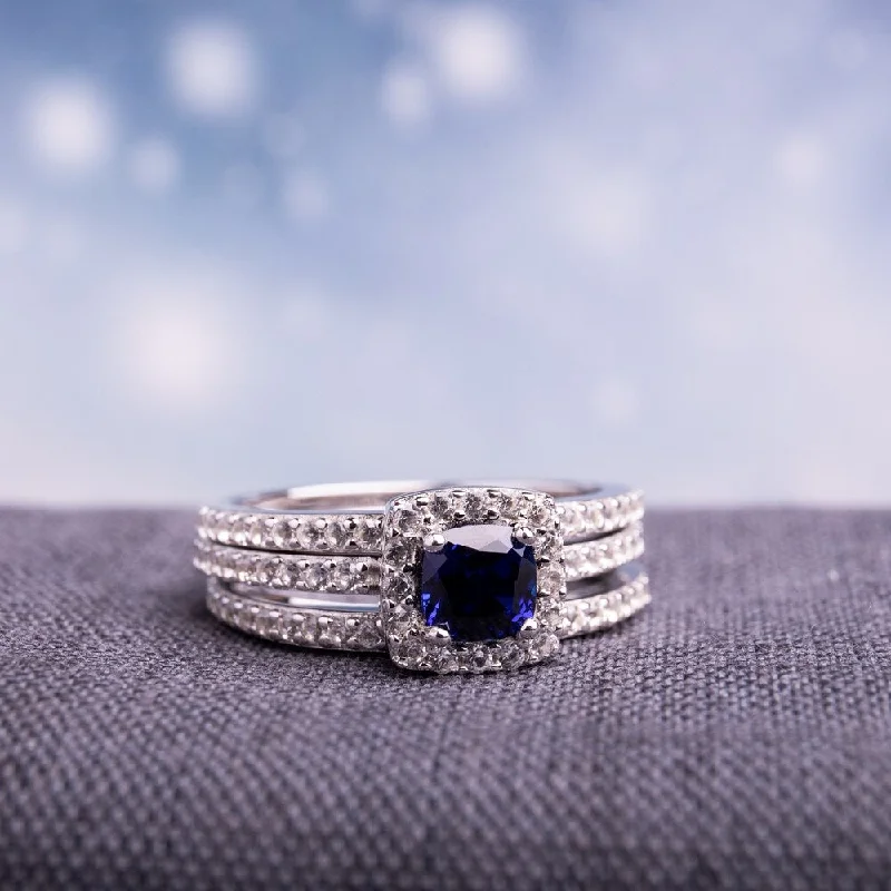 Women’s heart-shaped ring-Miadora Sterling Silver Created Blue and White Sapphire Bridal Ring Set