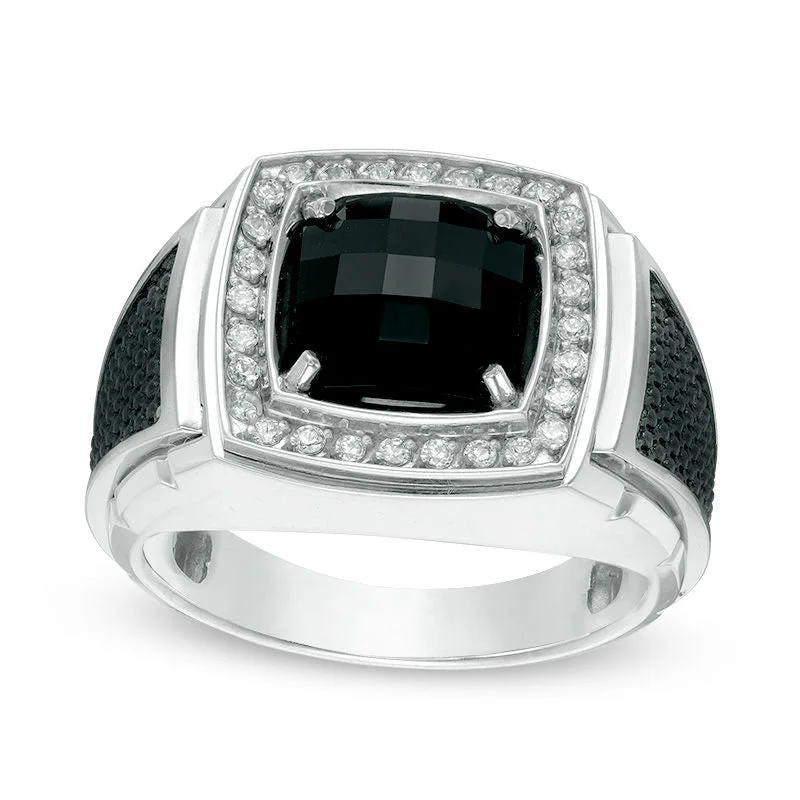 Women’s ruby engagement rings-Men's 9.0mm Cushion-Cut Onyx and 0.25 CT. T.W. Natural Diamond Frame Ring in Solid 10K White Gold and Black Rhodium