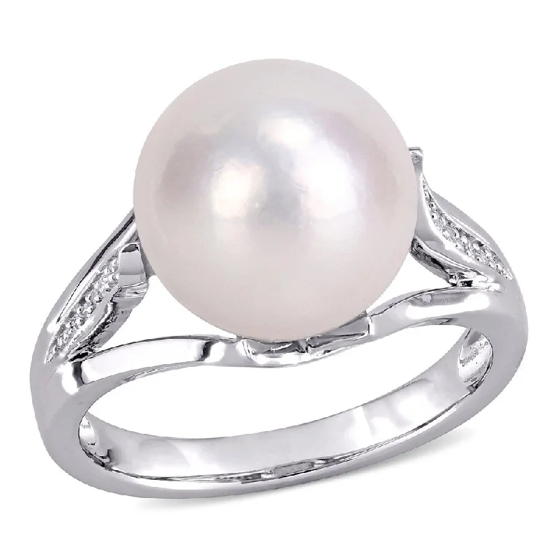 Women’s statement gemstone ring-Miadora Sterling Silver Cultured FW Pearl and Diamond Accent Solitaire Split Shank Ring (11-12 mm)