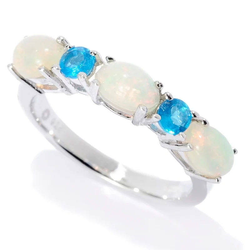 Women’s pearl-studded ring-Sterling Silver Ethiopian Opal & Neon Apatite 5-Stone Band Ring