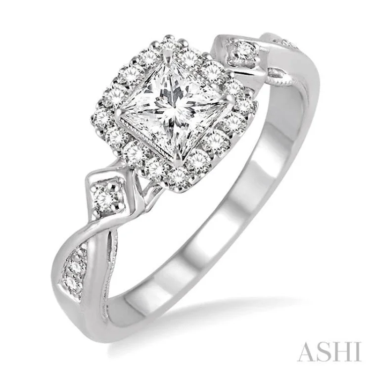 Women’s eternity engagement rings-1/2 Ctw Diamond Engagement Ring with 1/5 Ct Princess Cut Center Stone in 14K White Gold