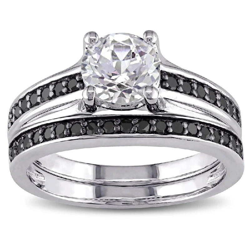 Women’s sapphire ring-Miadora Sterling Silver Created White Sapphire and 1/3ct TDW Black Diamond Bridal Ring Set