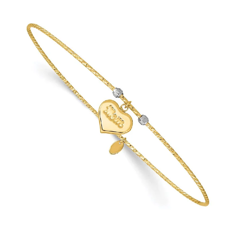 Women’s adjustable bracelet-14K Two-tone Diamond-Cut Heart w/Mom Bangle-WBC-DB678