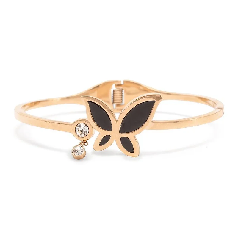 Women’s engraved bracelet-Stainless Steel Bangle Onyx Butterfly CZ Rose Gold Plated