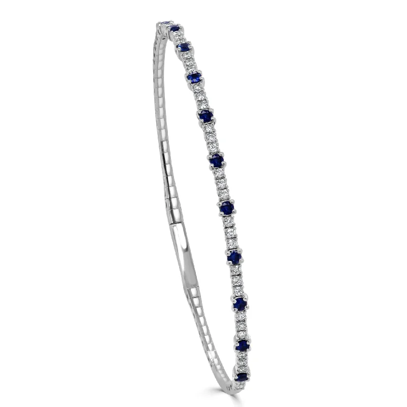 Women’s bangle bracelet set-Round Sapphire & Diamond Graduated Flexible Bangle in 14K White Gold